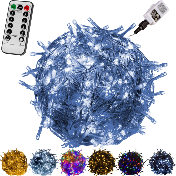 Karácsonyi LED szolár fénycső 10 m 100 db dióda, meleg fehér Karácsonyi LED fényfüzér 20 m 200 dióda távirányítóval hideg fehér